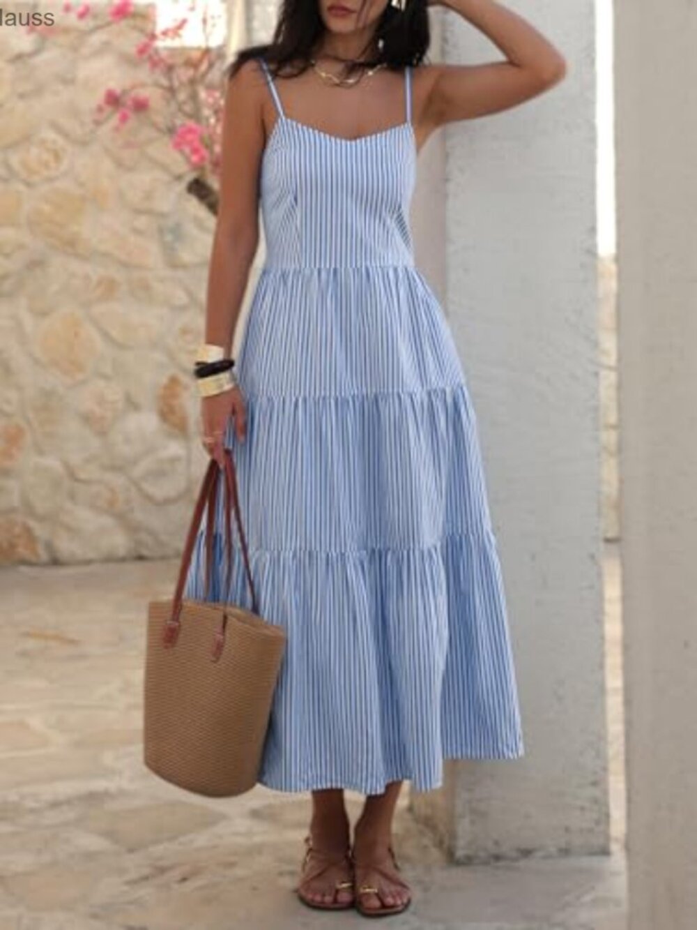 Sleeveless Striped Plaid Midi Maxi Dress, 100% Rayon, Adjustable Straps, Hidden - Picture 6 of 7
